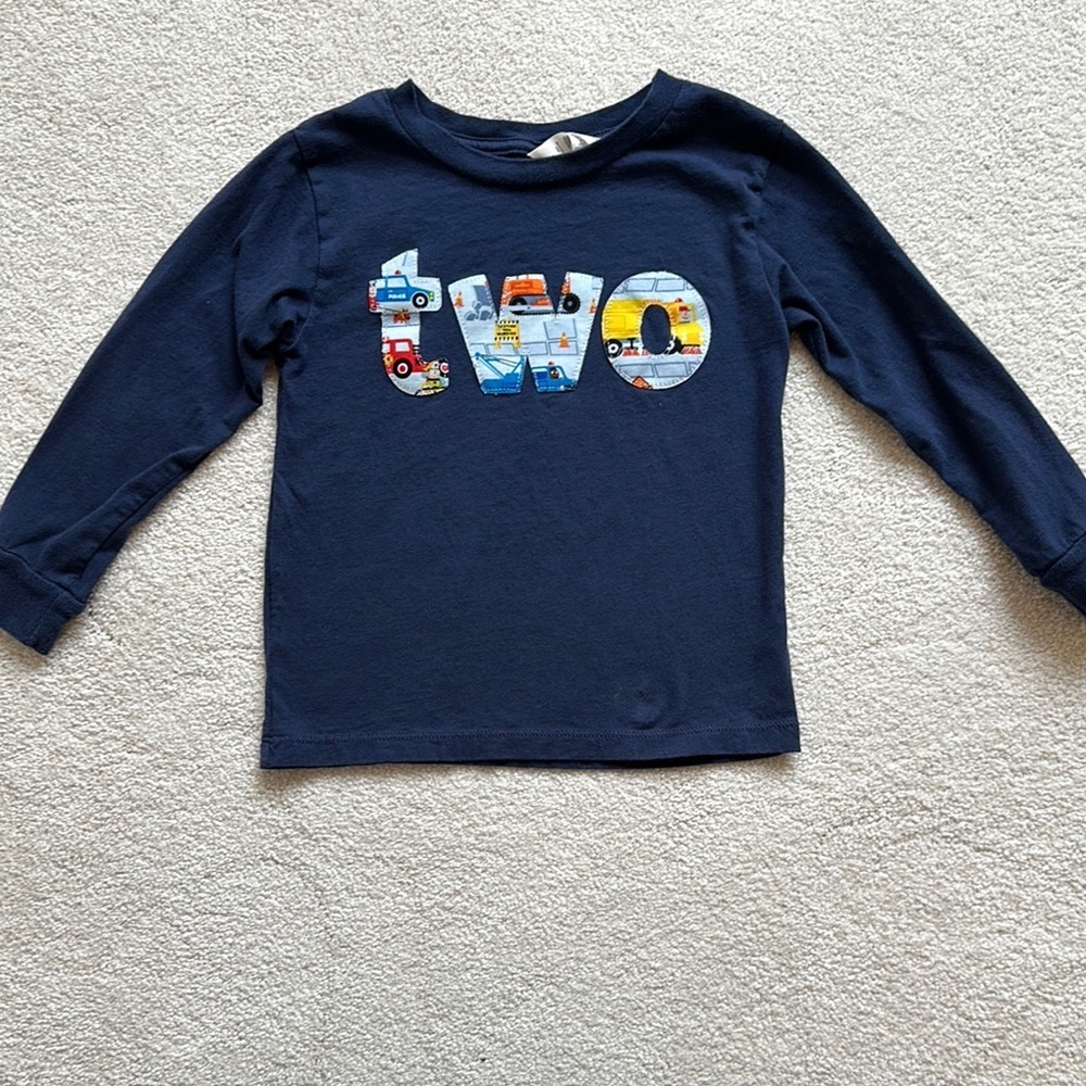 “Two” Navy Blue Trucks Birthday Shirt